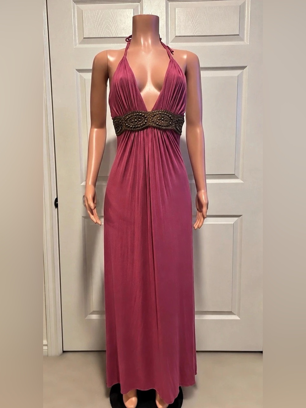 Sky Brand Halter Maxi Dress Mauve Rose Leather Trim Size M - Picture 2 of 9